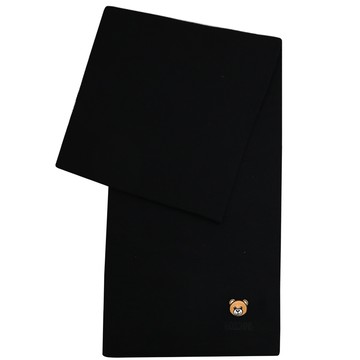 MOSCHINO 30620 M3139 電繡小熊LOGO羊毛長圍巾.黑