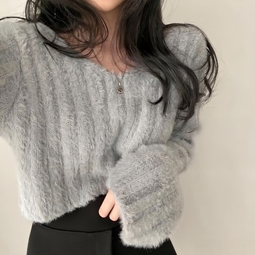 FB3277性感V領海馬毛毛衣  F  灰