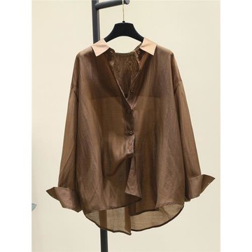 咖色薄款天絲防曬襯衫2024夏季新款簡約氣質百搭長袖襯衣別致上衣