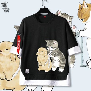 貓咪幫兔兔量腰圍胸圍可愛日系假兩件短袖T恤衫男女兒童裝5五分袖