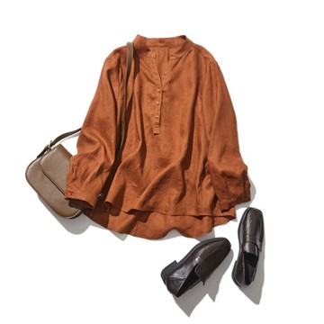 清新V領長袖亞麻衫 舒適透氣 休閒優雅 簡約百搭 椰子棕220401-6