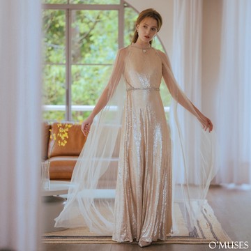 OMUSES 手工兩件式蕾絲亮片簍空杏色長禮服