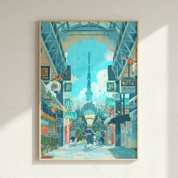 Nuomi 諾米 |貓老闆的東京散步 | 晴空塔2-日本街景插畫 - 原木色鋁框-中尺寸：50 x 70 cm