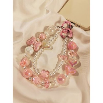 手機掛繩短款珍珠掛鏈愛心水晶珠子手腕鏈條結實耐用女款貓掌掛飾雙繩波點蝴蝶結手工串珠雙鏈