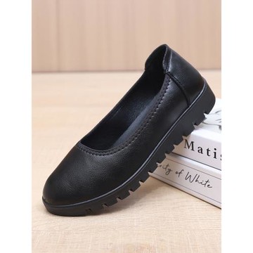 黑色平底加厚鞋底松糕底圓頭松緊帶上班工作鞋女式媽媽女鞋光面