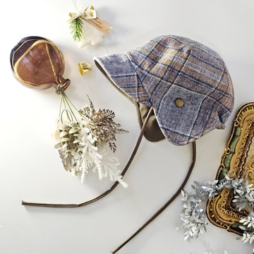 【HiGh MaLi】飛行帽 | 遮耳帽 | 卡其藍格 | 文青時髦#正反可戴