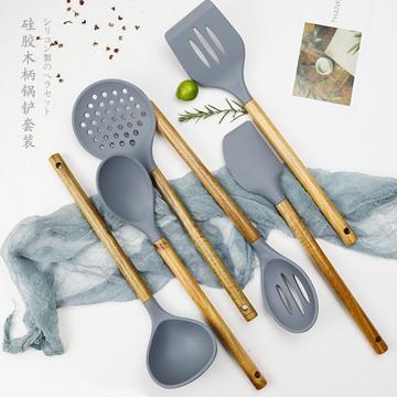 不粘鍋硅膠鍋鏟套裝日式家用廚房烹飪耐高溫木柄鏟子刮刀湯勺漏勺