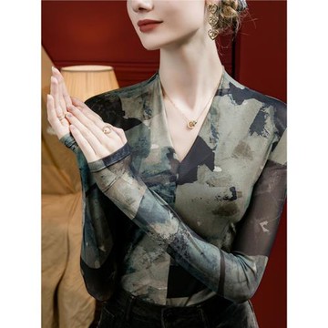 復古扎染印花V領網紗打底衫女修身2025秋季新款女裝T恤上衣洋氣