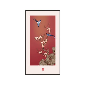 有框畫作 YIMI 依米 60*120cm喜氣盈門玄關裝飾畫 入戶正對門掛畫 紅色寓意走廊過道壁畫 豎幅壁畫 喜鵲梅花豎畫