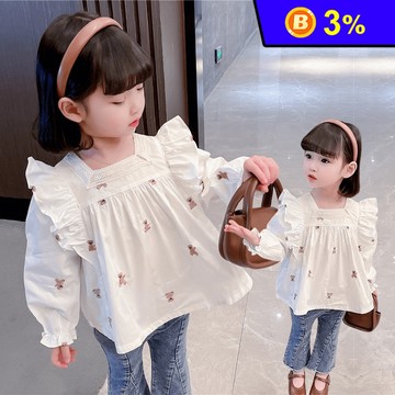 女童花邊方領小熊刺繡襯衫／牛仔褲