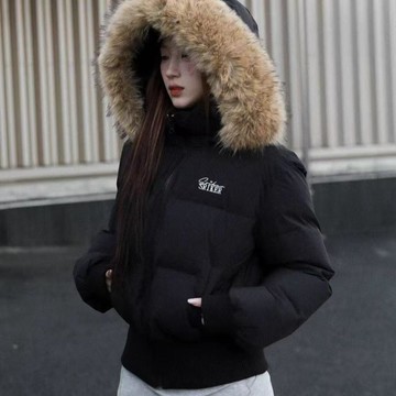 限時下殺⚡美式收腰黑色顯瘦連帽棉衣外套女2025冬季新款高級感短款棉服毛領