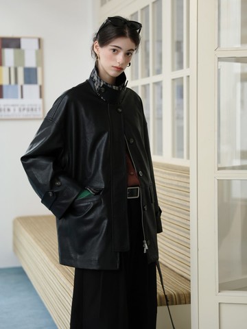 黑色 機能詩意 法式復古斑駁痕PU皮衣 格紋拼接中長款外套