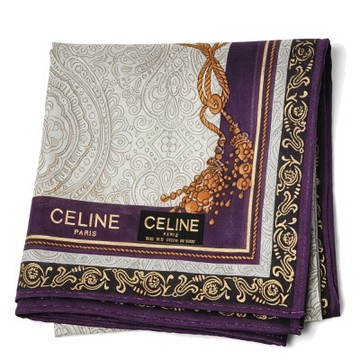 CELINE 灰底紫邊金佩斯利繩結圖騰字母LOGO帕領巾(48CM)