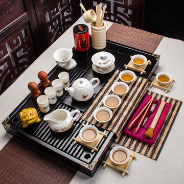 聚森茶具套裝整套木質茶盤茶杯茶壺蓋碗茶海茶漏紫砂白瓷冰裂