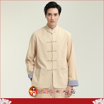 男士唐裝套裝中國風復古素色亞麻立領長袖外套+長褲民族風中老年男裝功夫漢服-純色本質(米黃色) -水水女人國