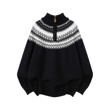 復古民族風拼色針織毛衣男春秋翻領長袖毛衣外套上衣男