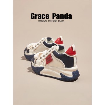香港GRACEPANDA2025新款內增高輕便厚底顯腳小真皮春秋老爹鞋女潮