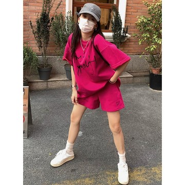 【PING'S🌞】胖mm 短褲 套裝 一整套 夏季 女 運動 跑步 兩件套 顯瘦 短袖 T恤 美式 學院風