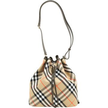BURBERRY 巴寶莉 經典格紋帆布斜背抽繩水桶包(典藏米x綠)