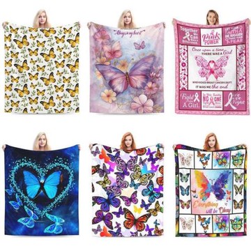 跨境爆款彩色蝴蝶法蘭絨毛毯家居空調毯亞馬遜午睡四季蓋毯