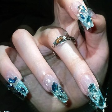 ✨Hannah✨【1201人好評】手工穿戴甲溫精靈衕款藍色爆閃人魚的眼淚可拆卸穿戴甲藍鑽假指甲手工穿戴甲 5NRQ