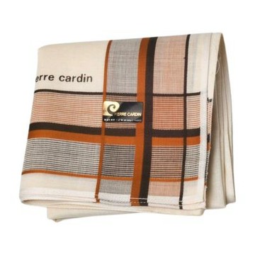 pierre cardin 日本製石色系底焦糖格紋棉100%圖騰字母LOGO帕巾(48CM)