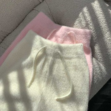 仿水貂毛針織褲冬季加厚女褲子高腰慵懶垂墜感拖地長褲休閒闊腿褲 休閑褲女 闊腿褲 寬鬆顯瘦長褲 女生褲子 高腰闊腿褲