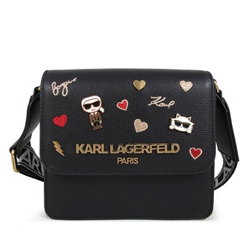 KARL LAGERFELD 金字大LOGO黑色皮革卡爾與貓徽章款掀蓋斜背包