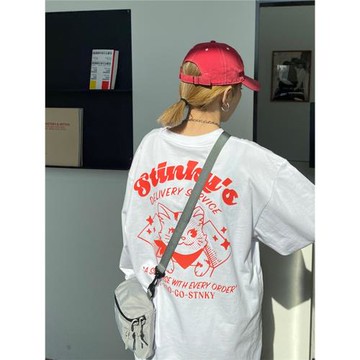 MMBBT原創小貓印花圓領長袖純棉t恤女新款寬松百搭休閑打底衫上衣