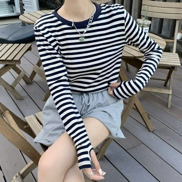 S-5XL 大尺碼T恤 韓系减齡條紋t恤女設計感套指長袖春秋2024新款chic撞色打底上衣