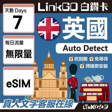 【LINKGO】白鑽卡 英國 eSIM卡 7天上網卡 無限流量吃到飽 高速流量(英國網卡 倫敦 愛丁堡 布里斯托)