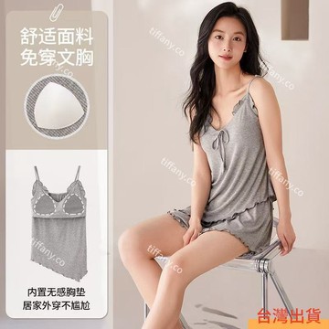 涼感冰絲螺紋睡衣女 純欲風不規則吊帶短褲性感家居服套裝 免穿文胸可外穿寬鬆休閒舒適大尺碼女士睡衣套裝