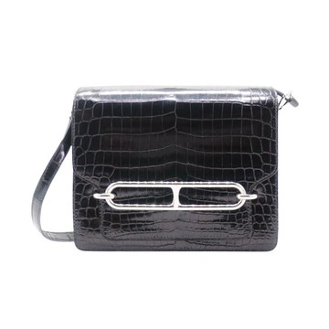 Hermes Roulis 鱷魚皮銀釦肩背包-23cm(黑)