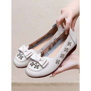 媽媽鞋鏤空涼鞋女夏季新款牛筋底真皮透氣單鞋淺口軟底中老年女鞋