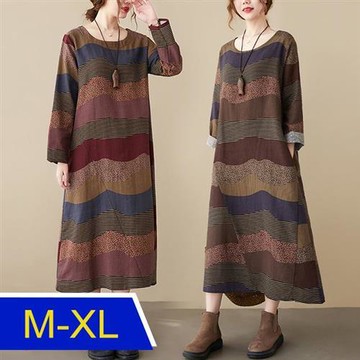 【韓國K.W.】正韓保暖俐落印花棉麻洋裝(中長裙/長袖洋裝/秋裝/新品)