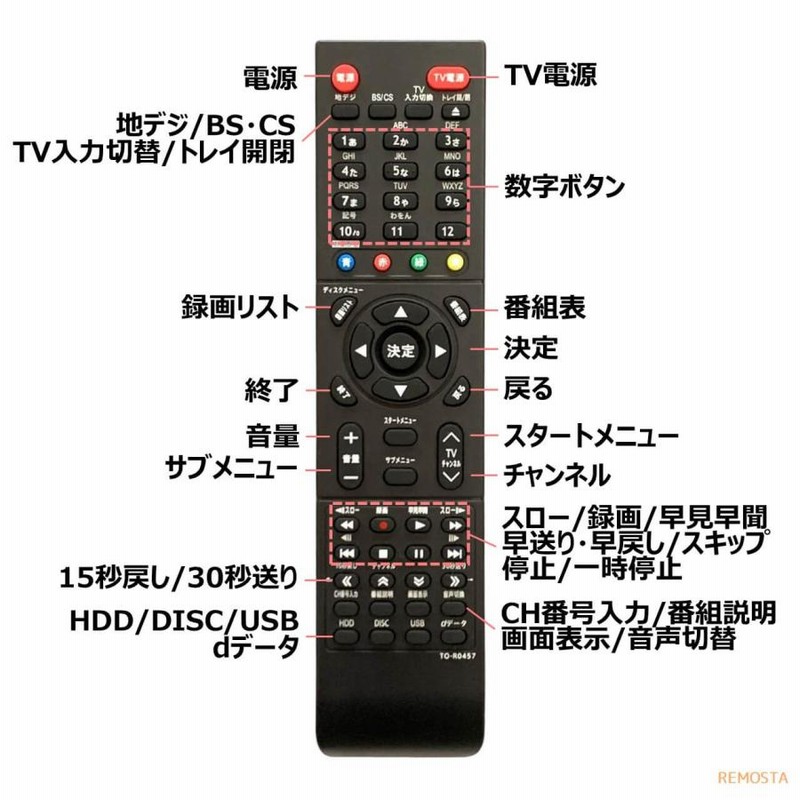 東芝 レグザ ブルーレイ リモコン SE-R0457 SE-R0435 DBR-Z510 DBR-Z520 DBR-Z420 DBR-Z410  TOSHIBA REGZA レコーダー 代用リモコン REMOSTA | LINEショッピング