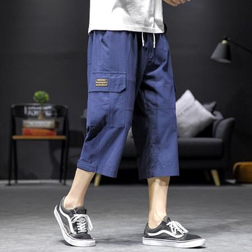 七分褲男潮牌夏季亞麻褲子運動魔術貼工裝八分短褲寬松棉麻休閑褲