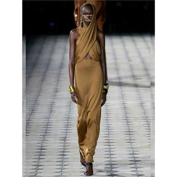 小眾性感褶皺交叉連帽腰鏤空露背連衣裙法式設計感收腰顯瘦長裙