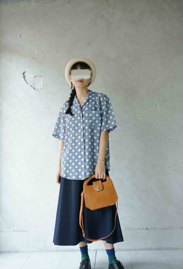 尋寶古著-藍天白雲圓點透膚雪紡復古襯衫