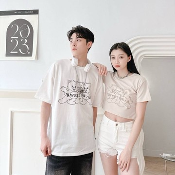 【PAGANS STORE】韓國 三隻小熊 甜蜜 快樂 熊熊 情侶 印花 英文 標語 卡通 短袖 短Tee