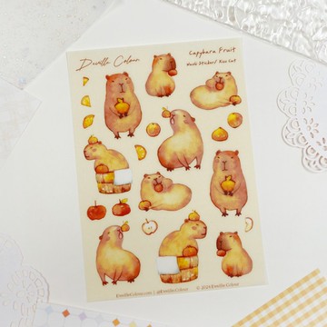 【水豚寶寶愛吃水果】水彩插畫 和紙貼紙 手帳 可愛 卡皮巴拉 呆