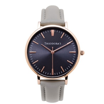 Hera 簡約中性款真皮腕錶[小錶面] 深藍面-真皮灰