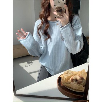 溫柔風韓系淺藍色卷邊毛衣女設計感小眾加厚圓領寬松內搭針織上衣