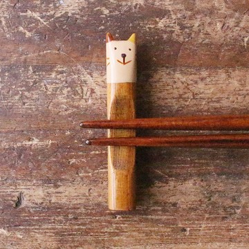 日本製動物漆器筷架(白貓)
