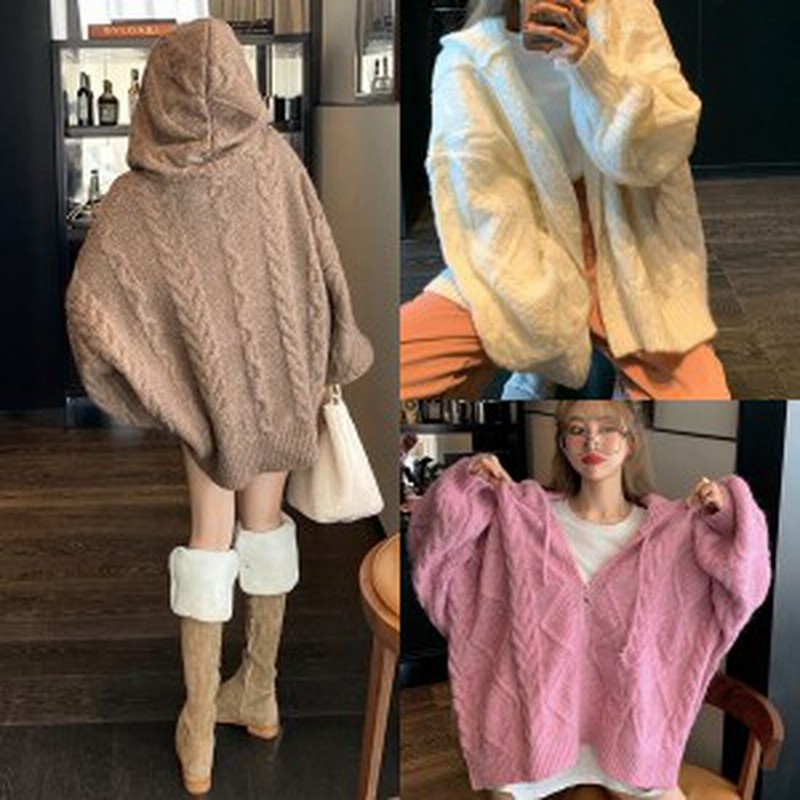 冬服 レディース ニットパーカー 韓国 ファッション レディース ケーブルニット ロングパーカー 冬 ニット フード レディース ビッグシル 通販 Lineポイント最大1 0 Get Lineショッピング