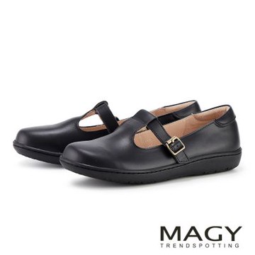 MAGY 簡約復古舒適真皮瑪莉珍平底鞋 黑色