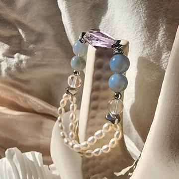 氤氳 鈦鋼粉藍歐泊海膽紫水晶天然淡水珍珠彈性彈力手環