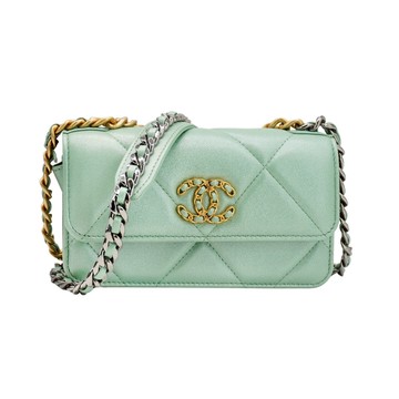 Chanel 展示品 19 菱格羊皮雙色鍊迷你斜背包(AP3067-珠光綠)