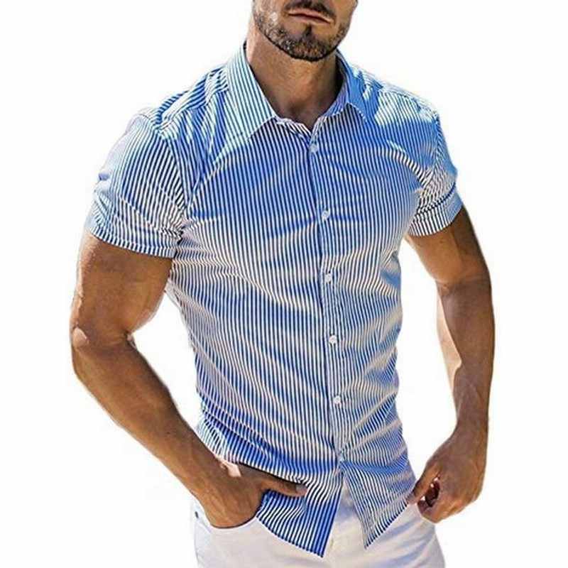 Manatsulife メンズ ストライプシャツ ビジネスシャツ 半袖長袖 レギュラーカラー トップス ストレッチ 半袖ブルー S 通販 Lineポイント最大0 5 Get Lineショッピング