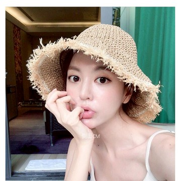 磨邊草編寬檐漁夫帽女夏日系文藝百搭出游遮陽帽小清新可折疊草帽1入